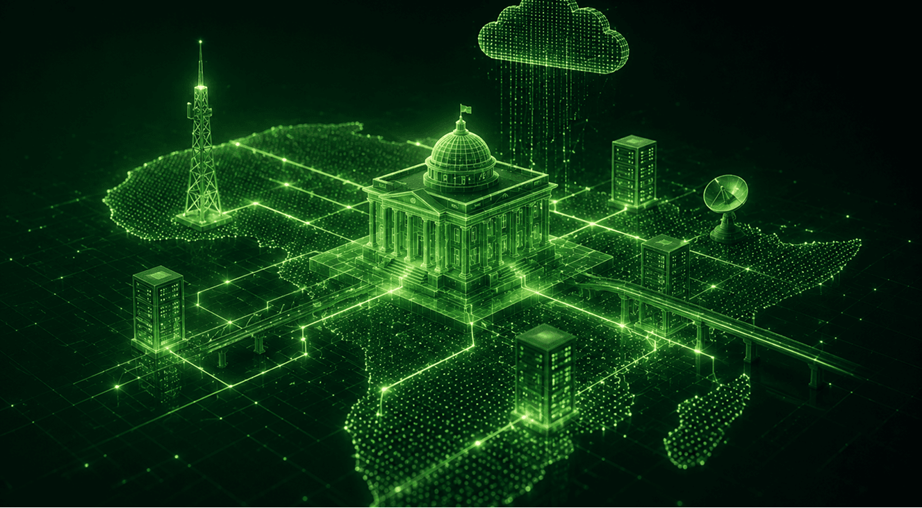 3D map of Africa with data nodes and buildings representing digital government